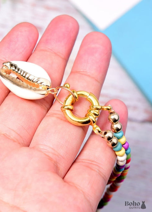 Boho Necklace, Long Blue Hippie Shell